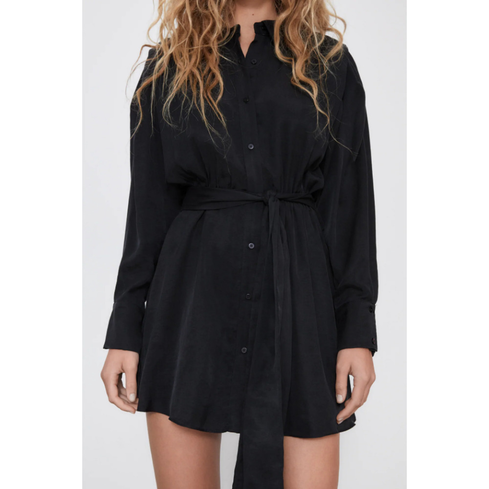 ZARA Lyocell Black Satin Shirt Dress New